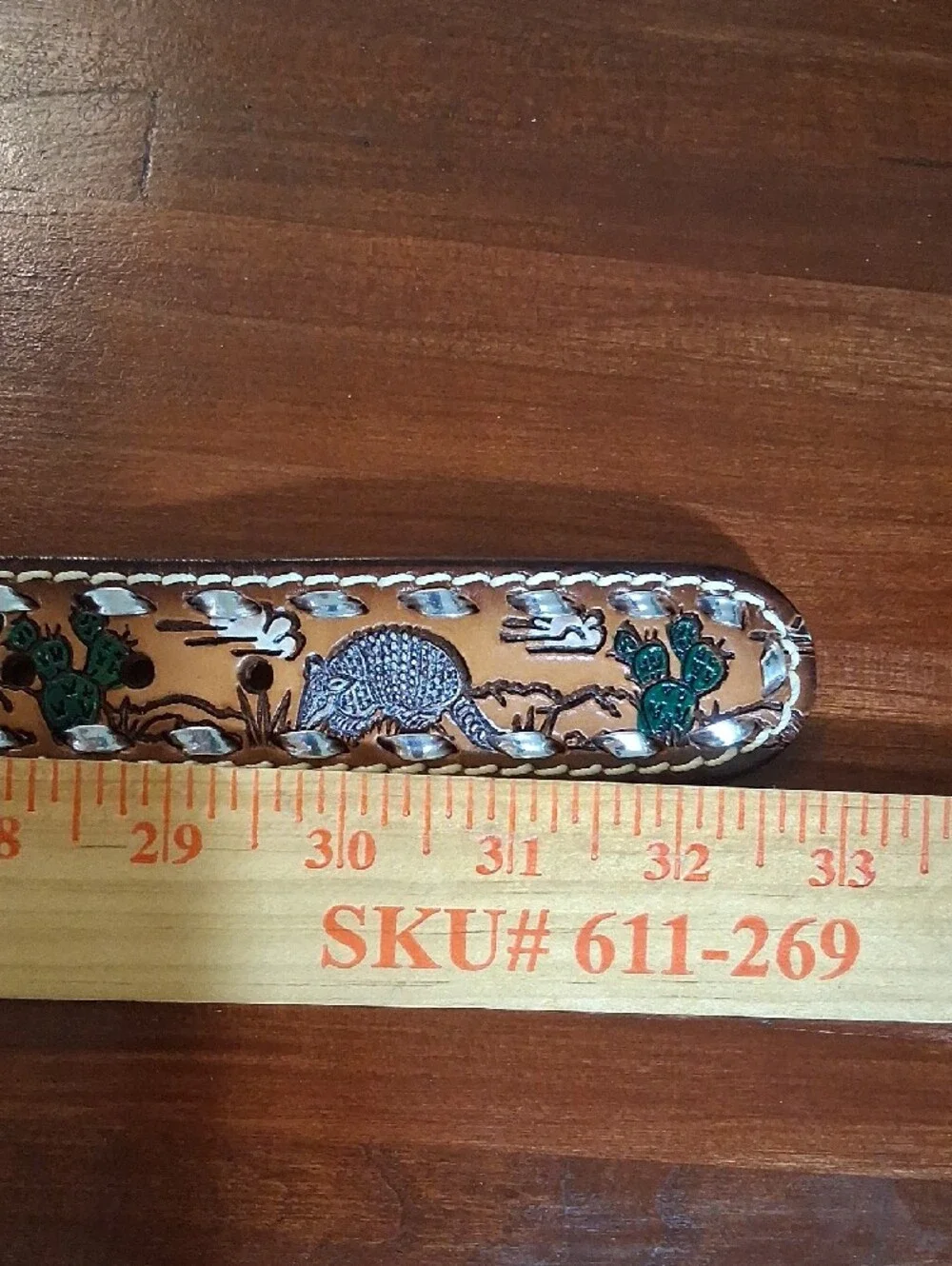 Mallory Western Belt 28 Brown Leather Silver Lacing Tooled Painted Armadillo
